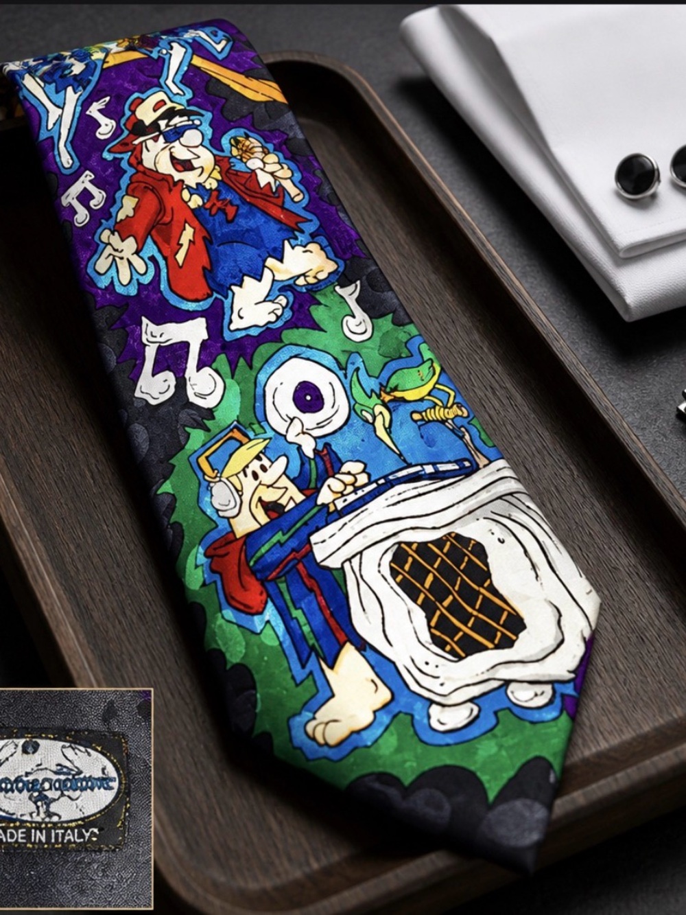 Fred & Barney Flinstone Music party Necktie Tie green,blue,yellow,black